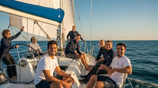Un équipage souriant collaborant sur un voilier en mer, capturant l'esprit d'équipe et de camaraderie en navigation de plaisance en France