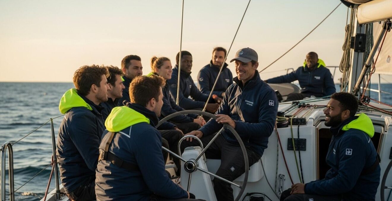 Équipage en pleine discussion amicale et préparatifs à bord d'un voilier sous un ciel clair, symbolisant la cohésion et l'importance du choix de l'équipage en loisirs nautiques