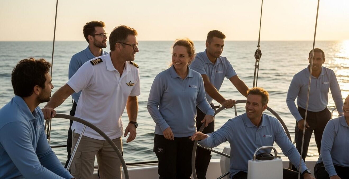 Un équipage de voile uni en pleine mer, collaborant harmonieusement autour du capitaine sous un ciel clair au coucher du soleil