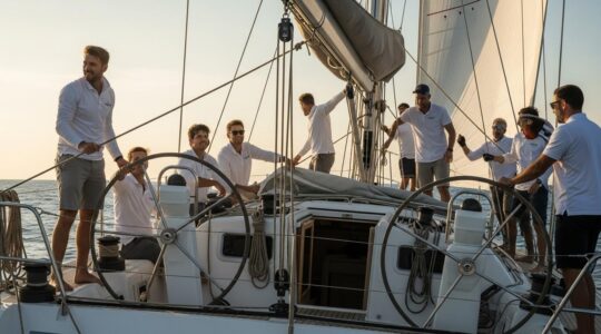 Un équipage de voiliers en action, montrant diverses interactions entre les membres à bord sous un ciel clair et une mer calme