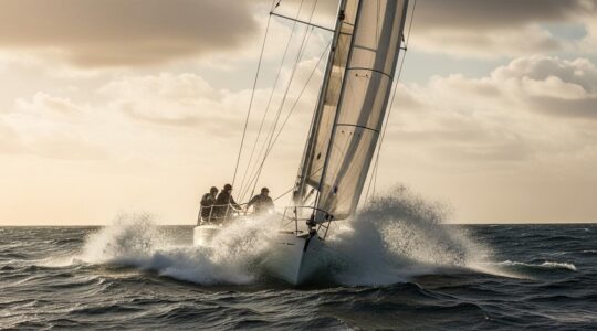 Bateau à voile en mer agitée avec équipage en action sous un ciel nuageux et vent fort