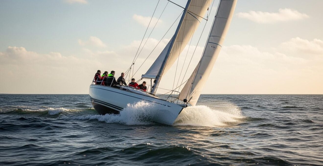 Voilier en mer agitée avec des vagues modérées et un ciel légèrement nuageux sous une brise moyenne