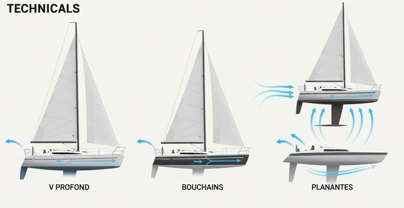 Schéma comparatif de différentes formes de coques de voilier, illustrant leur impact sur la vitesse et le planing