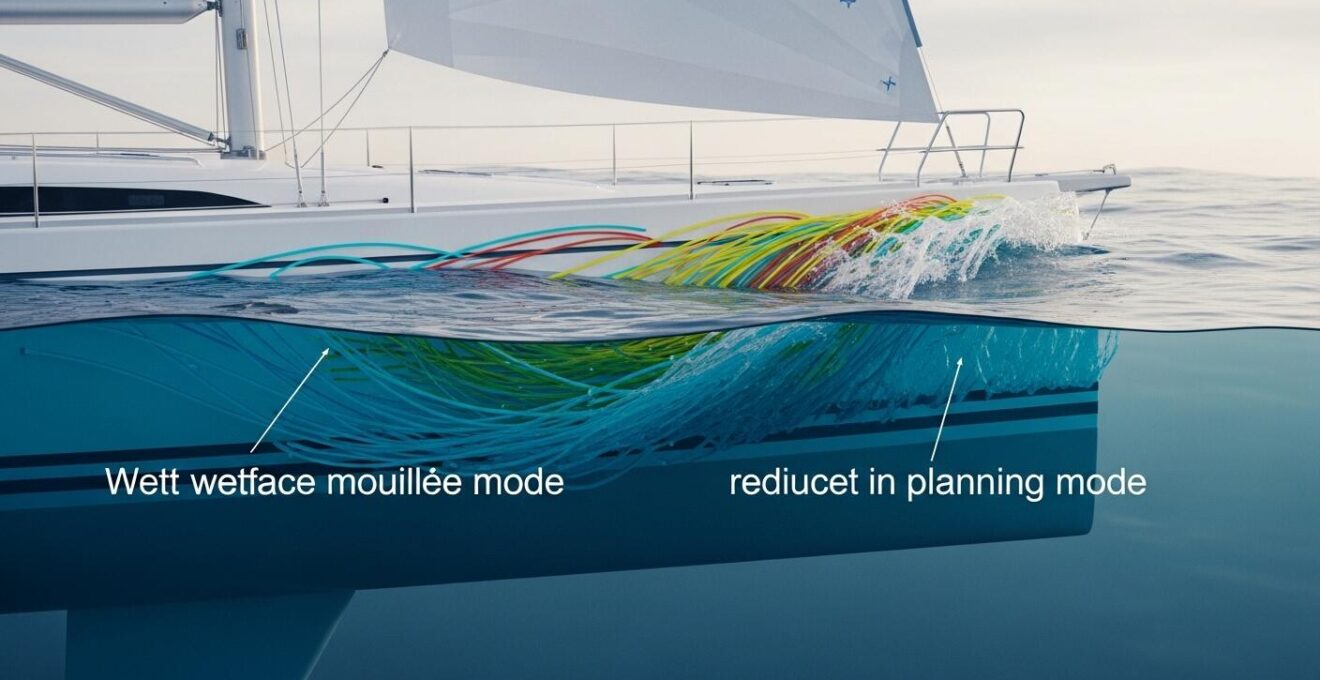 Diagramme dynamique d'écoulement d'eau autour d'une coque de voilier avec surface mouillée et planing