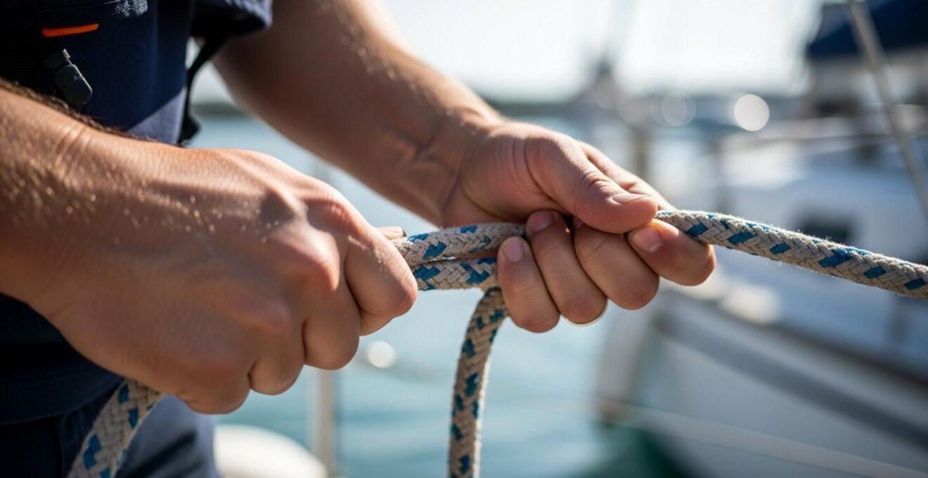 Détail d'un marin manipulant une garde d'amarrage sur un bateau au port pour une manœuvre sécurisée