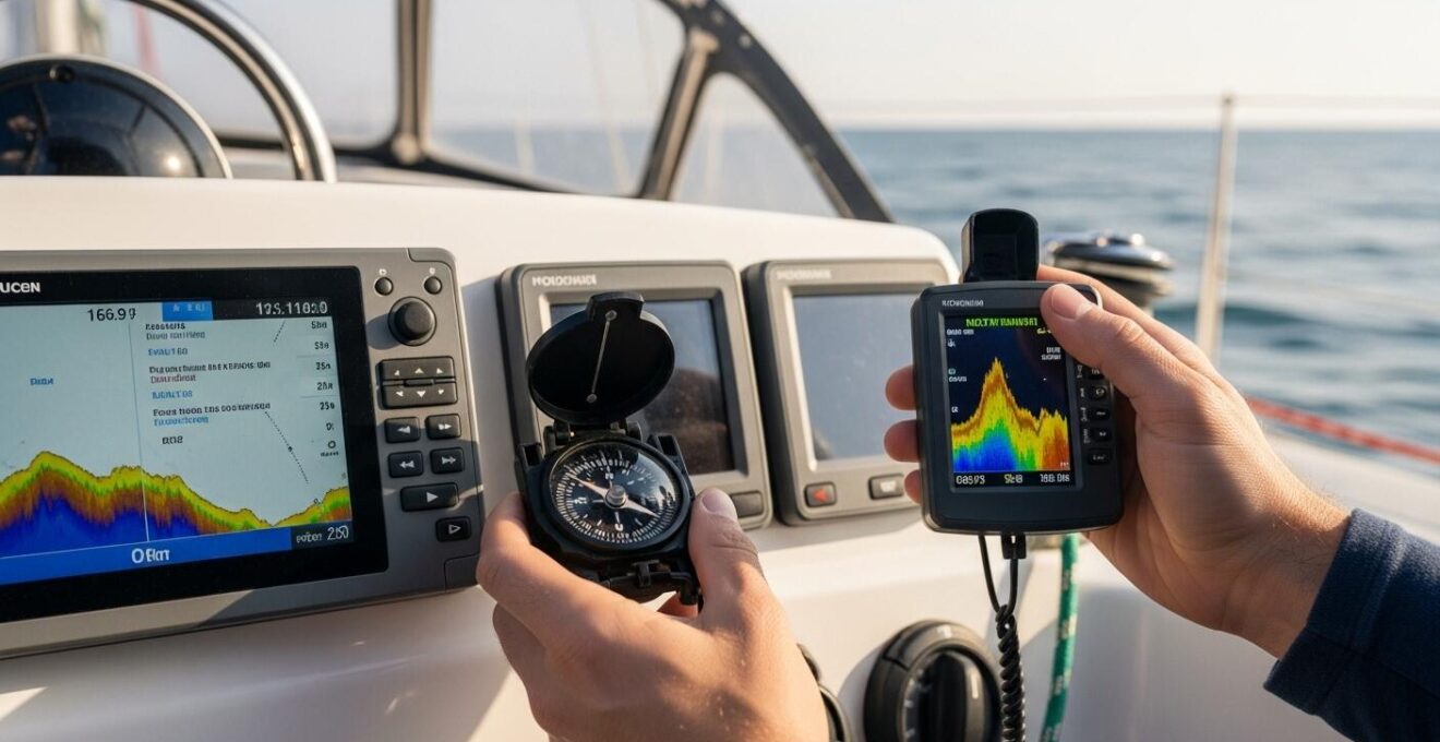 Illustration montrant un bateau en mer avec un écran GPS affichant des waypoints erronés et un navigateur utilisant un compas et sondeur pour vérifier
