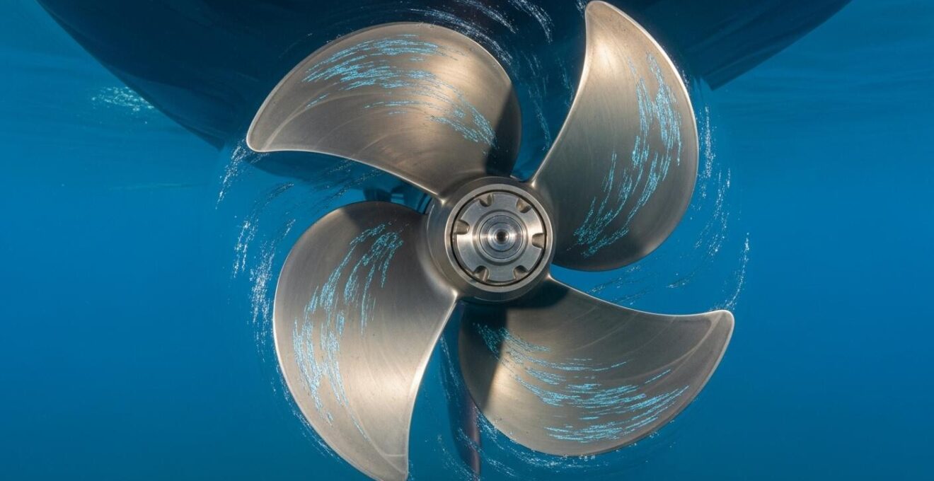 Image détaillée d’une hélice de bateau en rotation sous l'eau, montrant pales et flux hydrodynamique