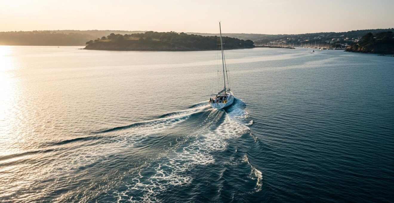 Voilier naviguant paisiblement sur une mer calme avec un sillage visible, côte française en arrière-plan sous un ciel doré au coucher du soleil