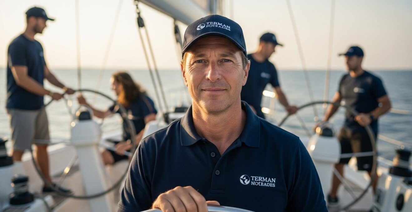 Chef de bord calme et posé guidant son équipage avec respect et leadership participatif