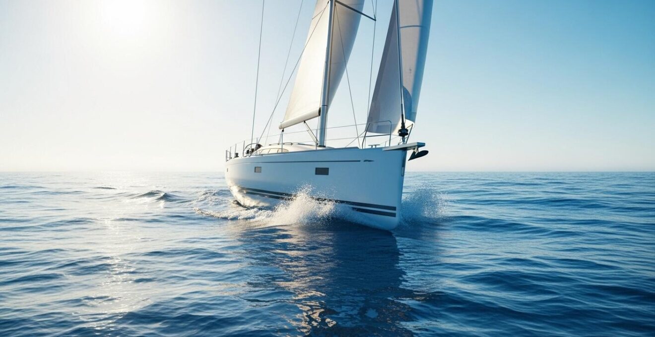 Voilier en pleine navigation sur une mer bleue, illustrant les principes d'hydrodynamisme avec une coque évolutive, voile gonflée et un ciel clair en arrière-plan