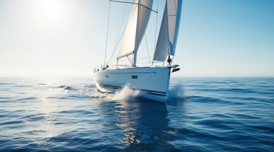 Voilier en pleine navigation sur une mer bleue, illustrant les principes d'hydrodynamisme avec une coque évolutive, voile gonflée et un ciel clair en arrière-plan