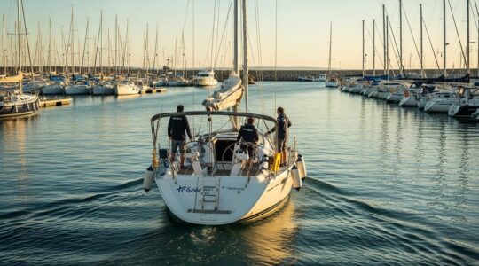 Un voilier en approche d'un port de plaisance en été avec un skipper concentré, l'équipage préparé, et un panorama du port avec quais et autres bateaux