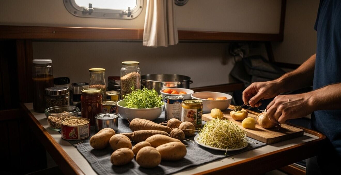 Table garnie avec des aliments secs, conserves, légumes racines et germes frais sur un bateau en mer