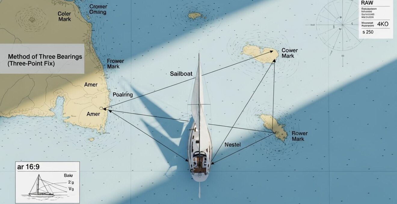 Schéma visuel illustrant la méthode des trois relèvements avec un bateau, trois amers distincts et un triangle de position sur une carte marine