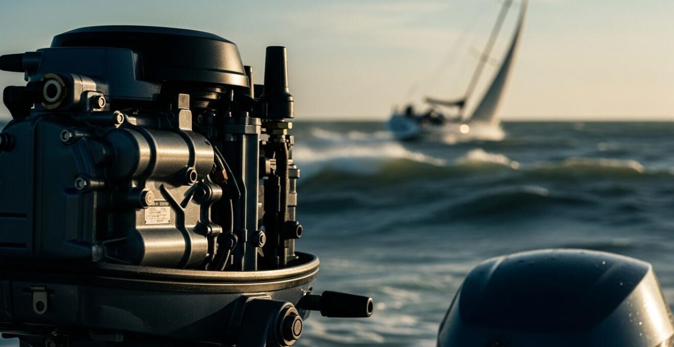 Un moteur de bateau en gros plan avec une mer agitée en arrière-plan, symbolisant à la fois puissance et défi pour la navigation