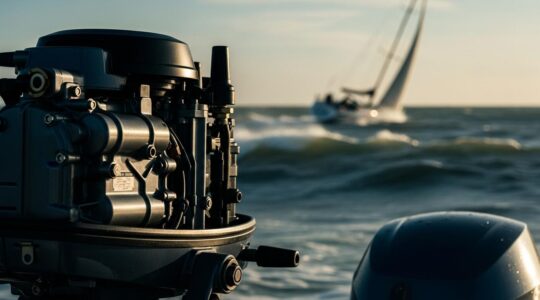 Un moteur de bateau en gros plan avec une mer agitée en arrière-plan, symbolisant à la fois puissance et défi pour la navigation