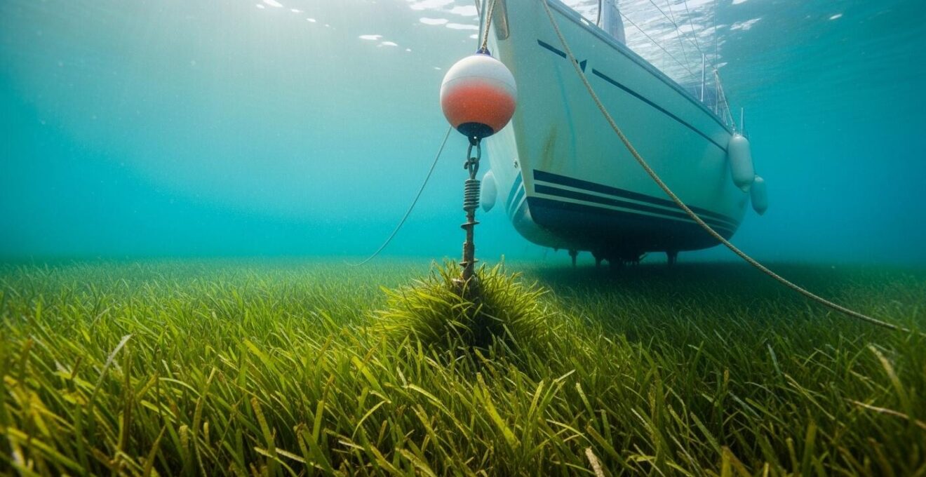 Illustration montrant un bateau utilisant un mouillage écologique avec ancre à vis et bouée flottante au-dessus d’un herbier de posidonie intact