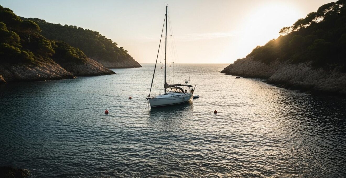 Un voilier au mouillage paisible dans une crique protégée, éclairé par une lumière dorée au coucher du soleil, avec une mer calme et un paysage côtier naturel et préservé