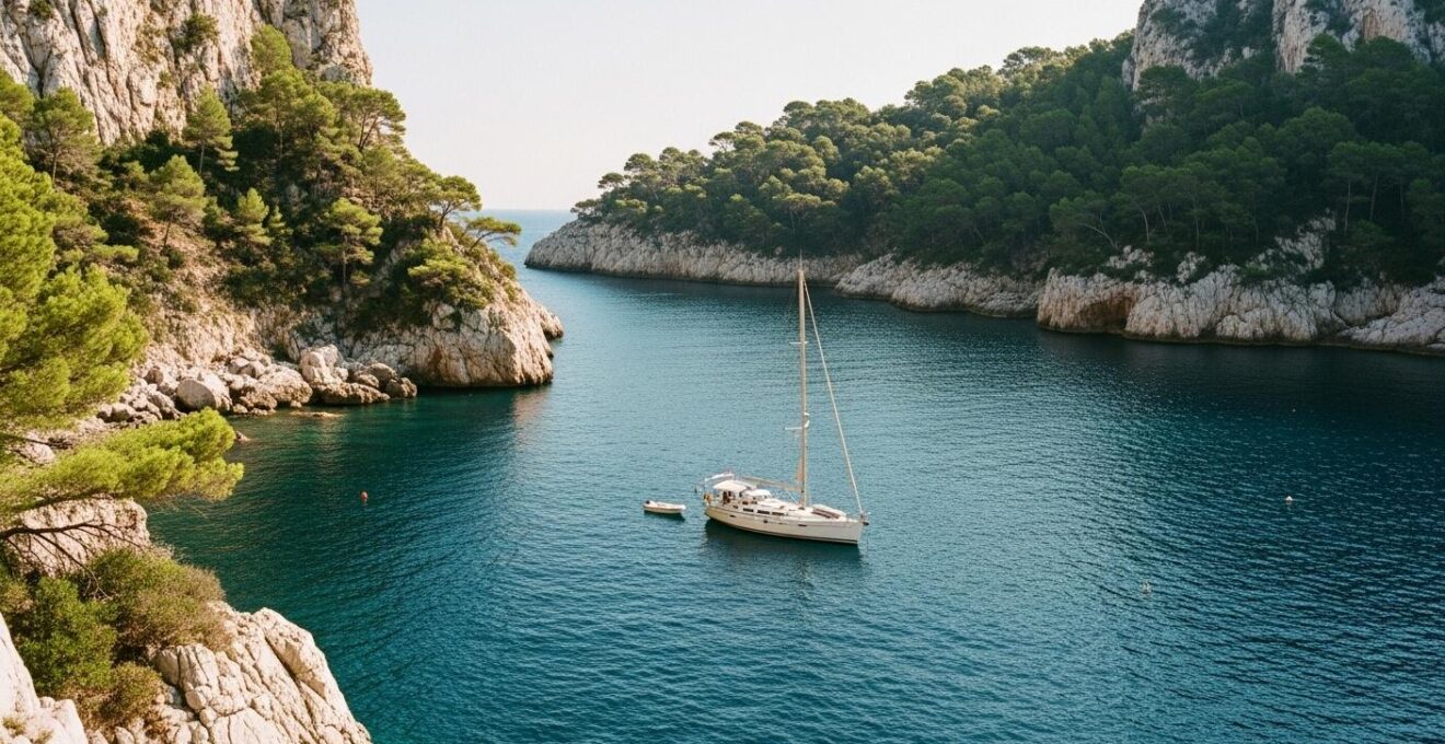 Petite baie isolée en France avec un voilier calme au mouillage, entourée de falaises et végétation méditerranéenne