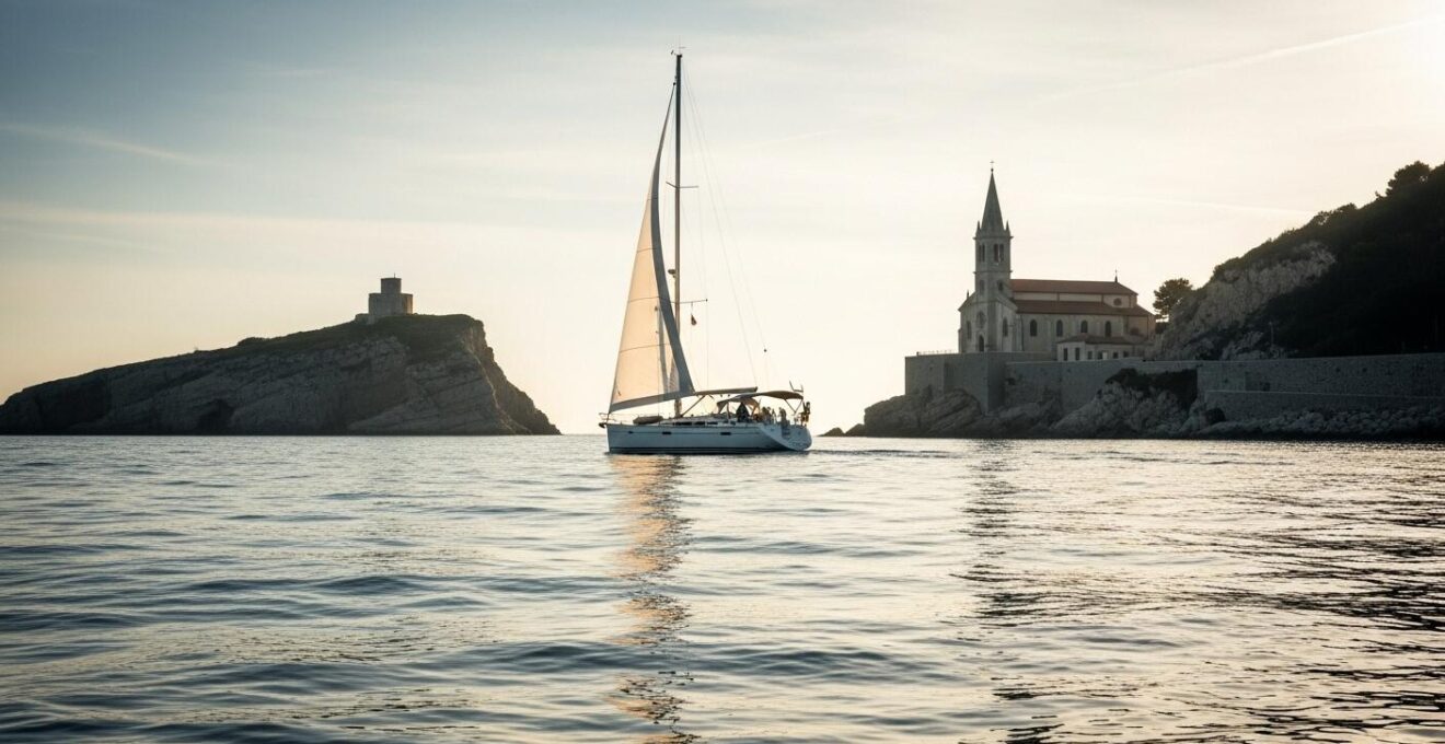 Bateau à voile naviguant près de la côte française sous un ciel clair, avec la mer calme et des repères côtiers visibles