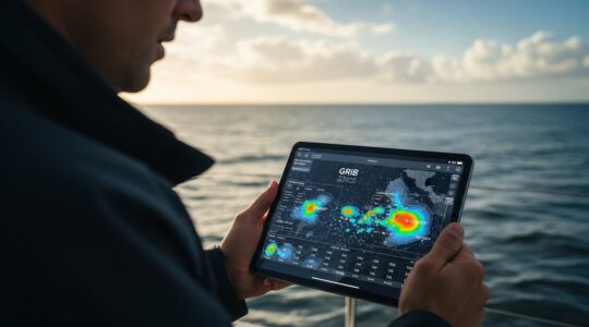 Un navigateur analysant des fichiers météo GRIB sur un écran, avec une mer calme et un ciel partiellement nuageux en arrière-plan.
