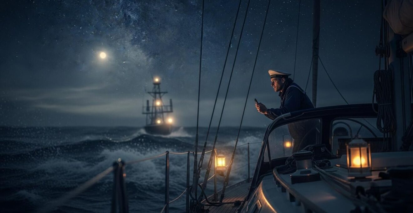 Bannière montrant un navigateur vigilent sur le pont d'un voilier la nuit, avec une mer agitée en arrière-plan, illustrant la vigilance et la survie en navigation de nuit