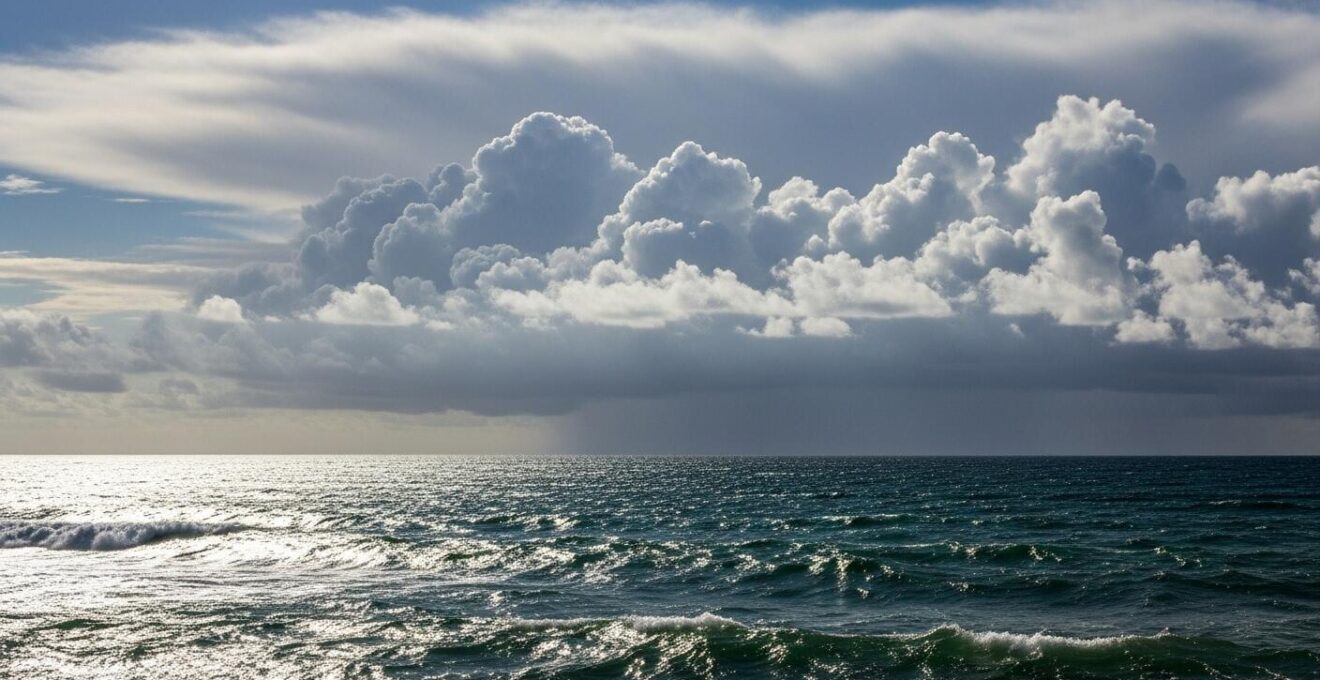 Ciel d'été avec formation de cumulus congestus menaçant au-dessus de la mer agitée par des brises thermiques en Méditerranée