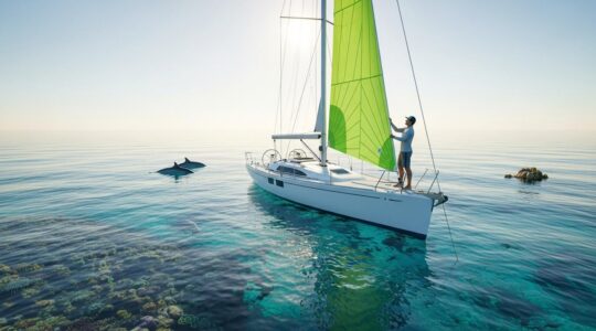 Un plaisancier naviguant paisiblement sur un voilier moderne dans une mer claire et propre, entouré d'une faune marine préservée