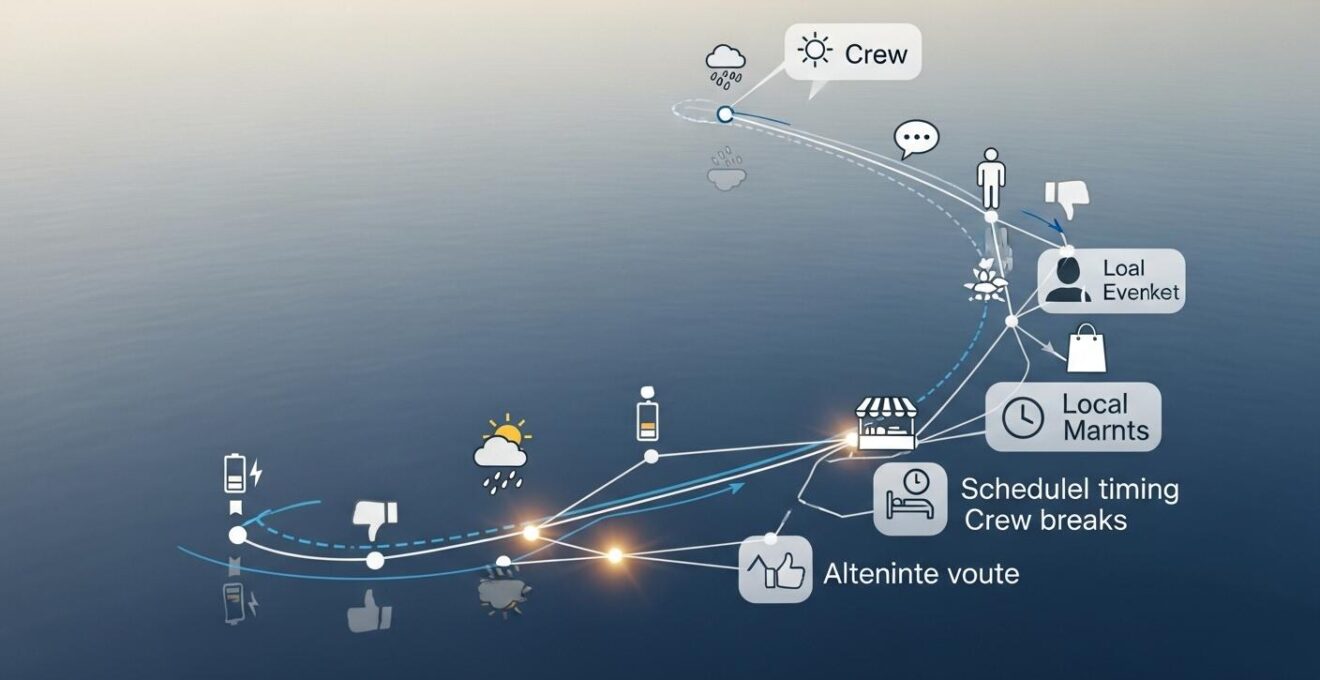 Schéma d'un plan de navigation dynamique intégrant données communautaires, points de décision et événements portuaires.