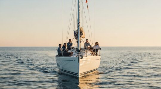 Voilier en mer calme avec un équipage souriant au lever du soleil, symbolisant l'aventure et la cohabitation