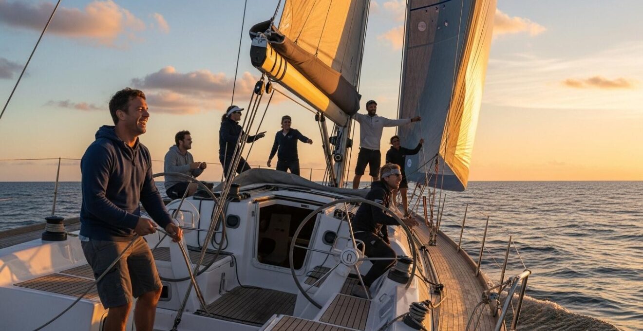 Voilier en mer au lever du soleil avec un équipage en pleine activité, ambiance conviviale et aventureuse