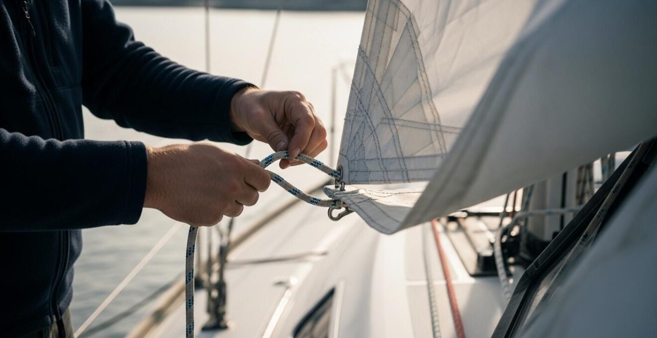 Marin en train de prendre un ris sur la grand-voile d'un voilier, au port avec lumière douce