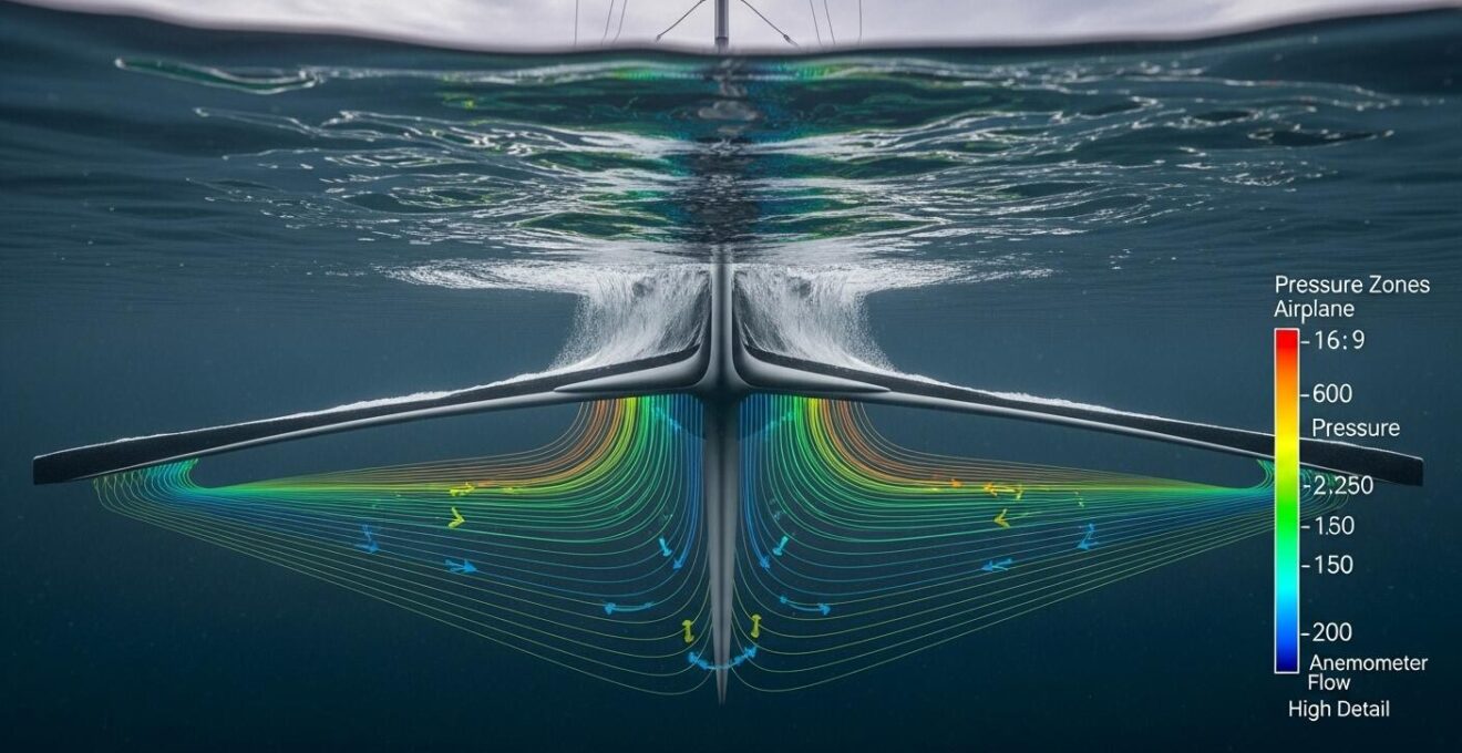 Vue en coupe d'une quille de voilier montrant le flux d'eau et portance similaire à l'aile d'avion