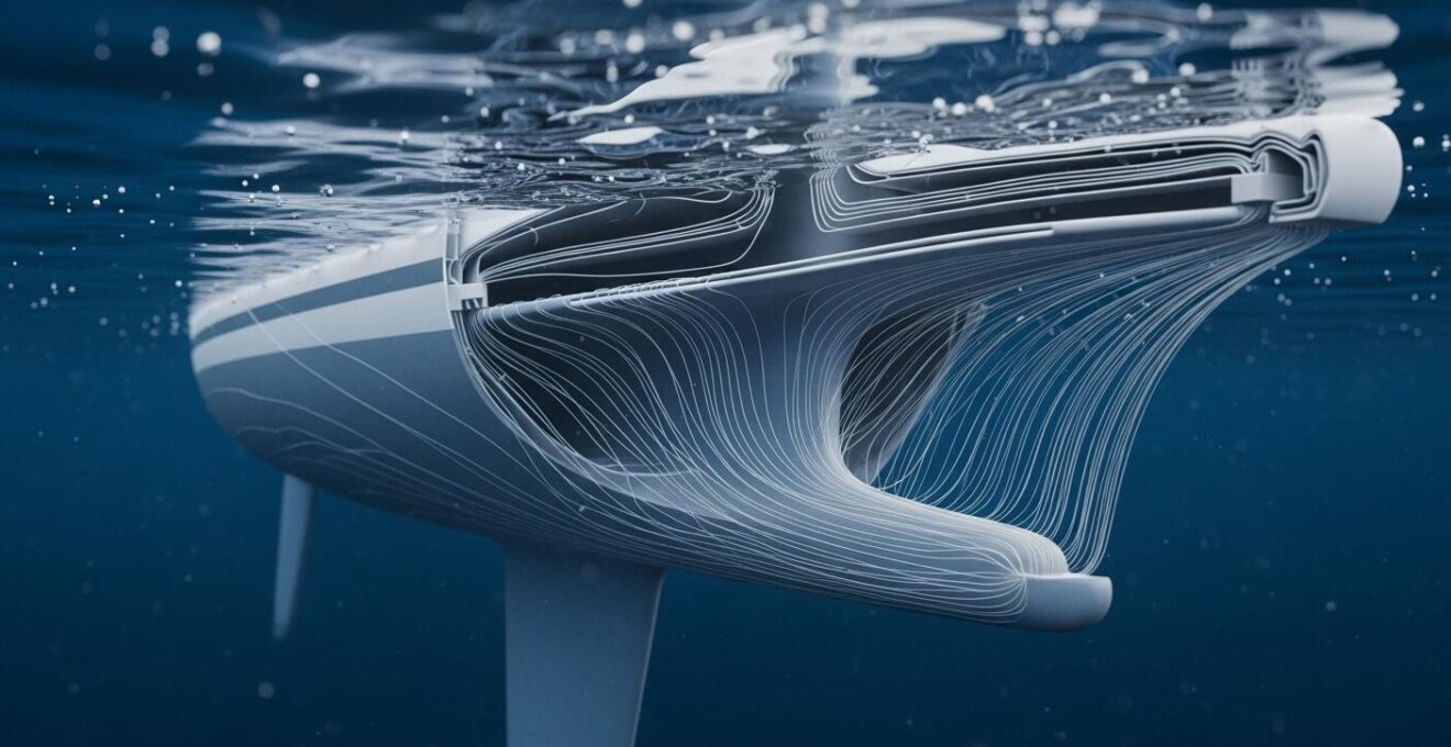 Détail d’une quille de voilier vue en coupe montrant le flux d’eau et la portance hydrodynamique