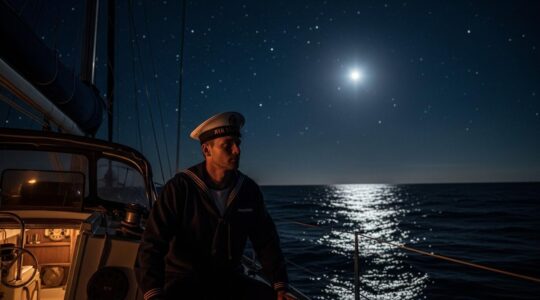 Navigateur de nuit sur un voilier sous un ciel étoilé, observant la mer calme pendant un quart de nuit