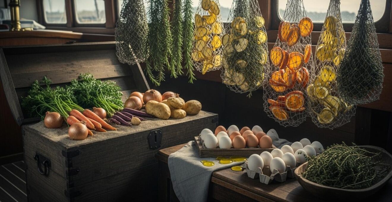 Vieux coffre en bois rempli de légumes racines dans du sable avec des œufs enduits d’huile et des filets de séchage suspendus à bord d’un voilier