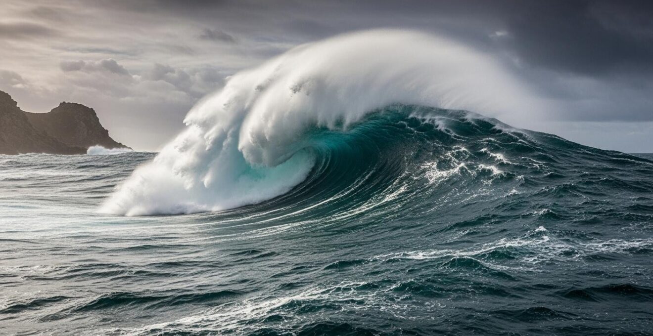 Vague scélérate en mer agitée frappant un voilier le long de la côte française