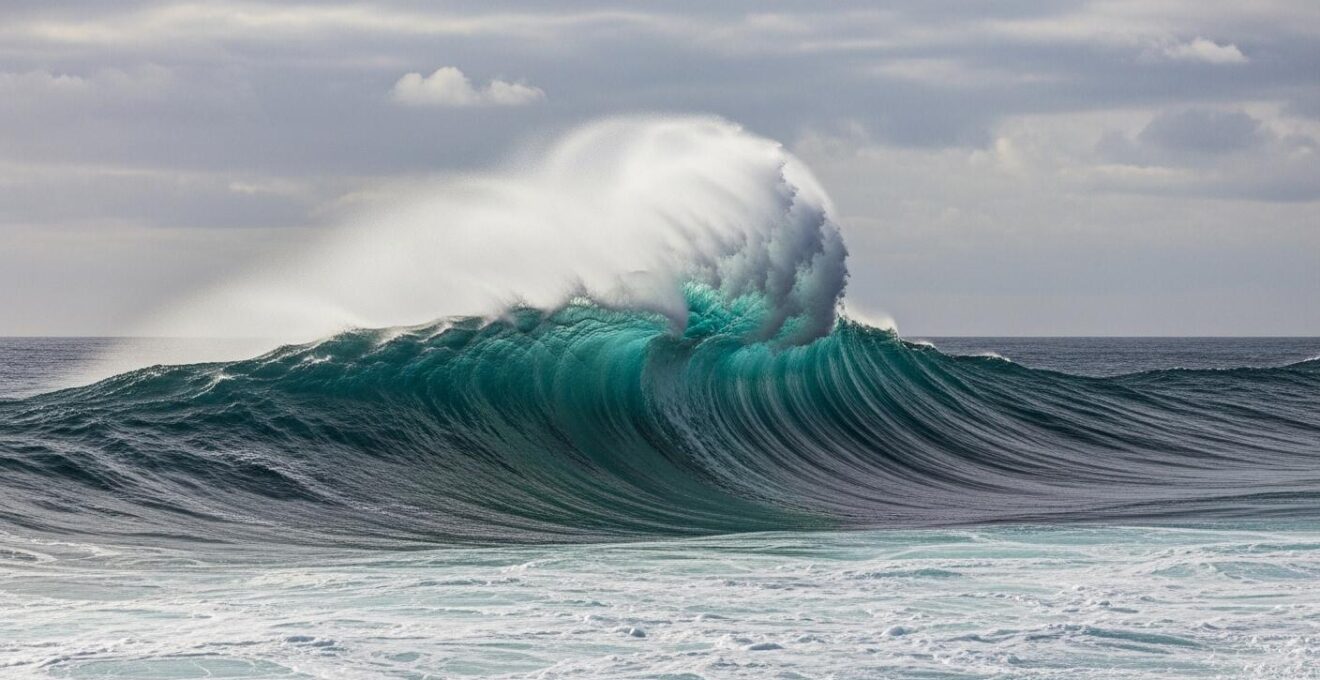 Une vague scélérate doublant en hauteur des vagues normales sur une mer agitée en Méditerranée