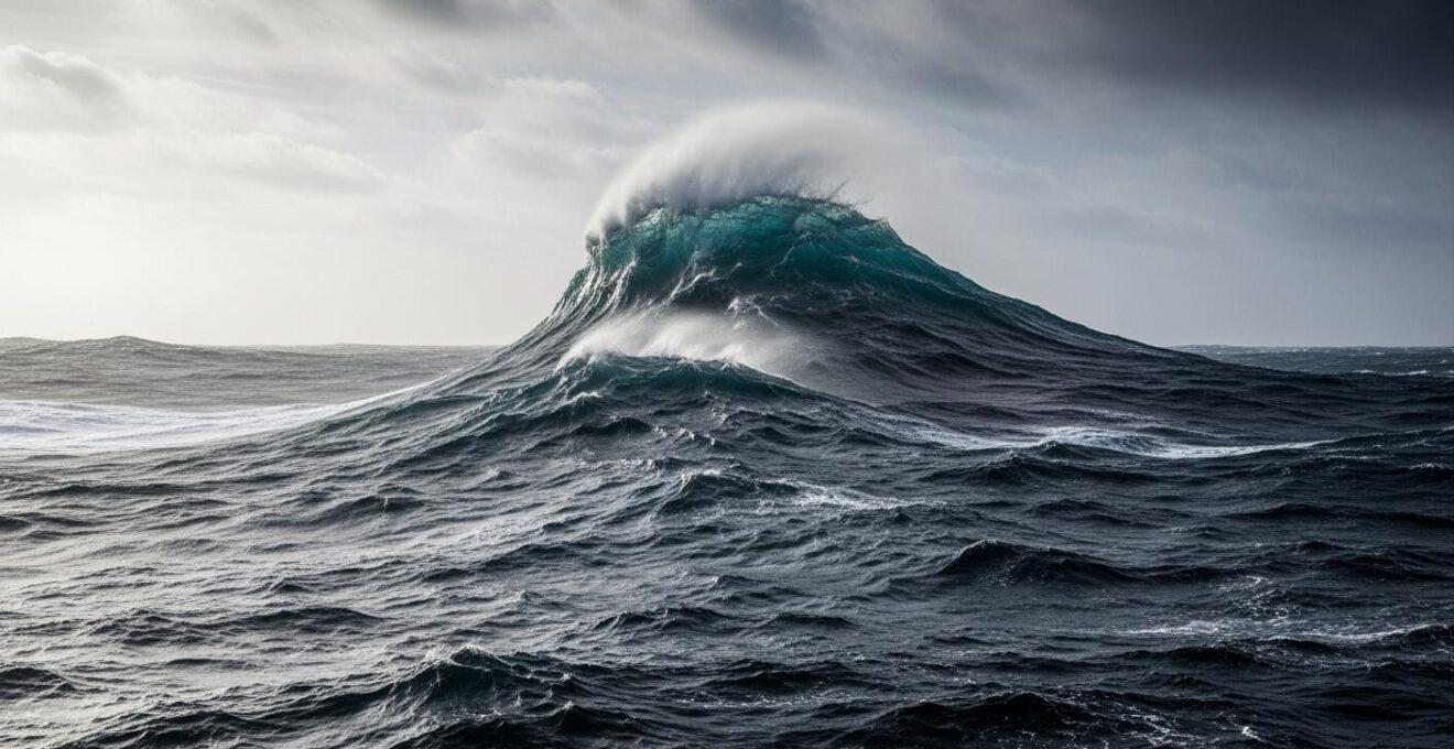 Vagues en mer agitée avec une grande vague plus haute au milieu, montrant une mer croisée typique avec des vagues venant de différentes directions