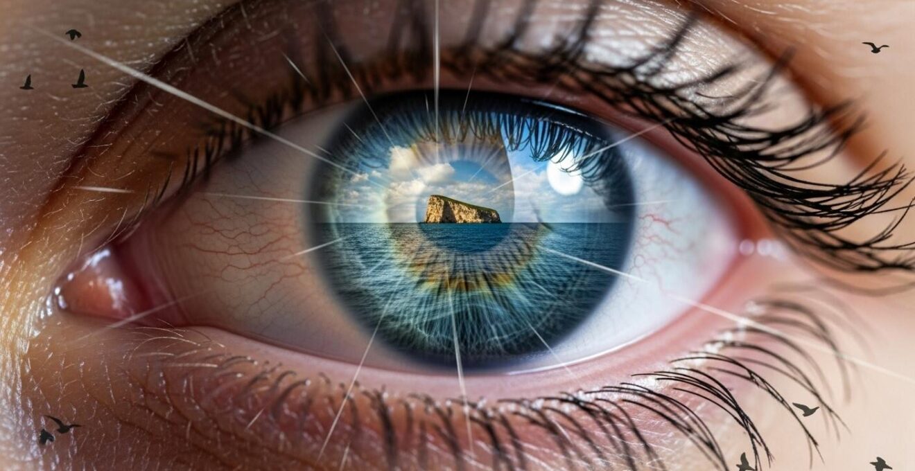 Vue symbolique de la vision périphérique en navigation avec des éléments visuels flous sur les côtés et un focus central net sur un sillage maritime