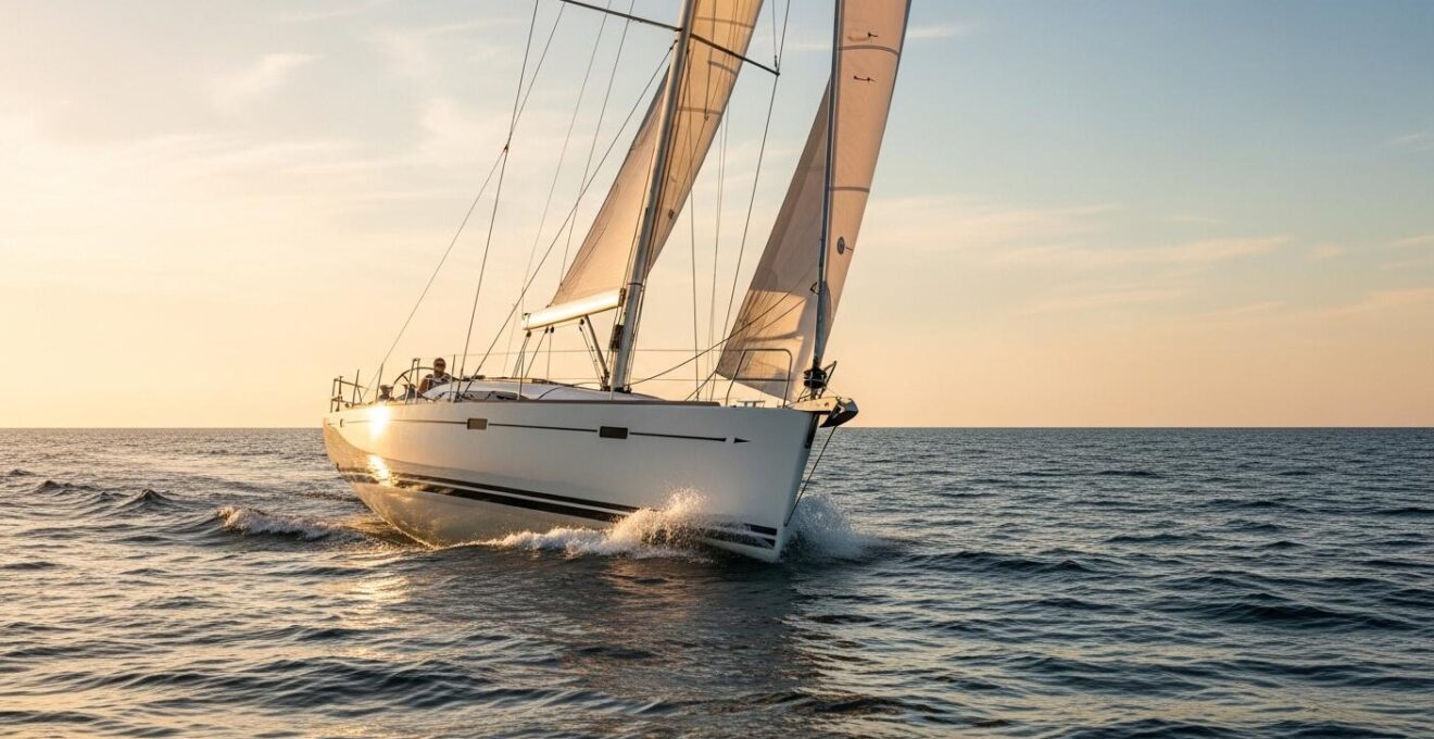 Voilier moderne en pleine glisse sur l'eau avec des reflets dynamiques illustrant l'hydrodynamisme