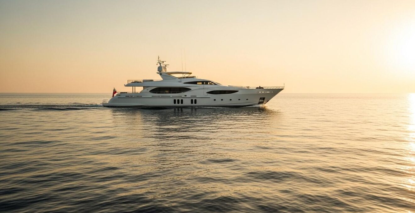 Voilier de luxe naviguant sur une mer calme au coucher du soleil avec montagnes en arrière-plan