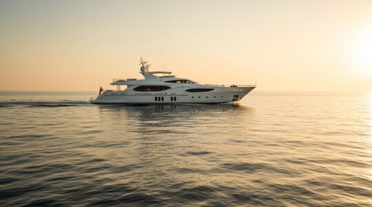 Voilier de luxe naviguant sur une mer calme au coucher du soleil avec montagnes en arrière-plan
