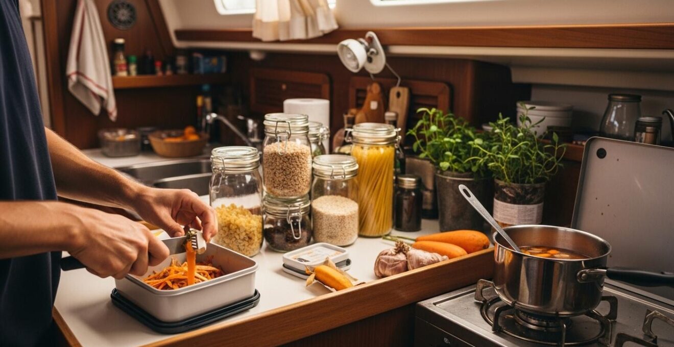 Vue intérieure d’un bateau organisé pour une navigation zéro déchet avec kits alimentaires, contenants réutilisables et upcycling des déchets organiques