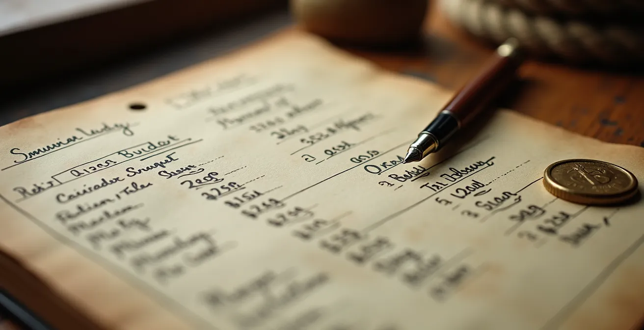 Vue macro sur un carnet de bord nautique avec calculs budgétaires et pièces de monnaie