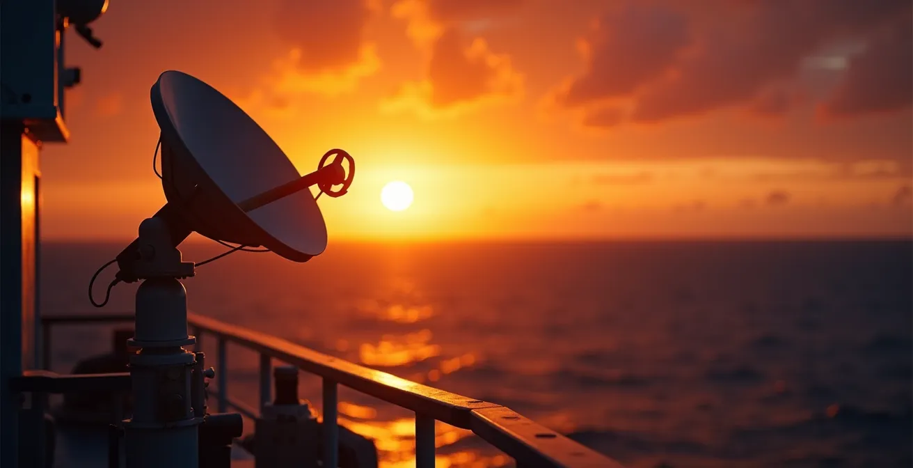 Antenne satellite sur le balcon arrière d'un voilier en pleine mer au coucher du soleil