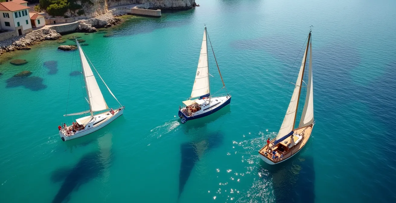 Vue aérienne montrant différents types de voiliers écoles en navigation