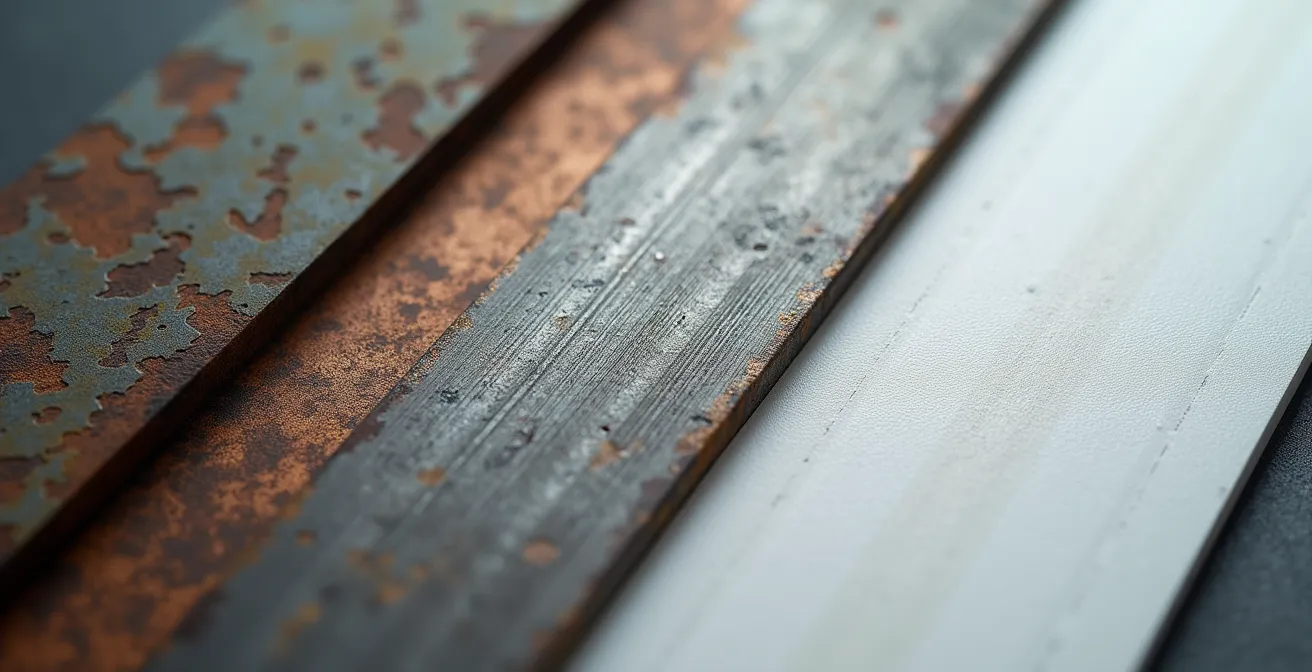 Gros plan macro sur trois échantillons de matériaux de coque : acier, aluminium et polyester stratifié