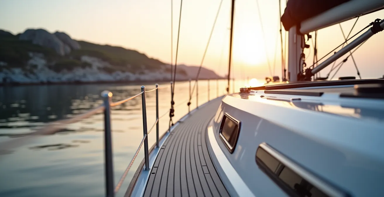 Vue large d'un cockpit de voilier moderne avec retour de manœuvres et lignes de vie