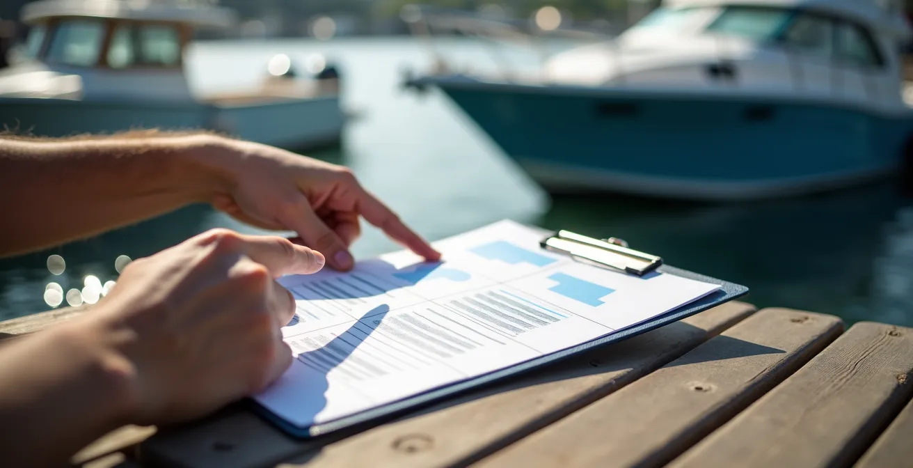 Deux plaisanciers remplissant un constat amiable sur un ponton après un accrochage mineur